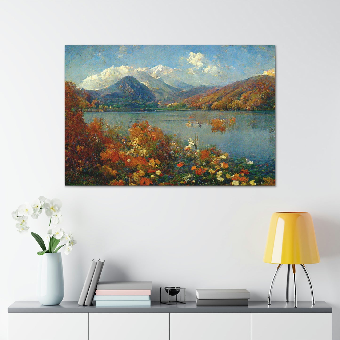 Mountainside Lake In Autumn, Impressionist Landscape - Canvas Gallery Wraps