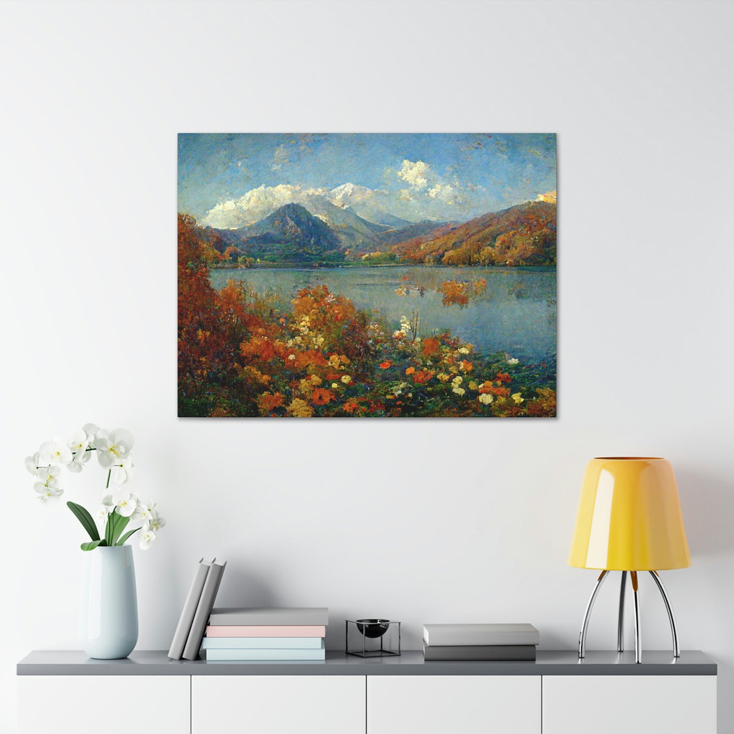 Mountainside Lake In Autumn, Impressionist Landscape - Canvas Gallery Wraps